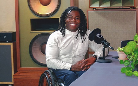 Ade Adepitan filming Green Business Builders podcast