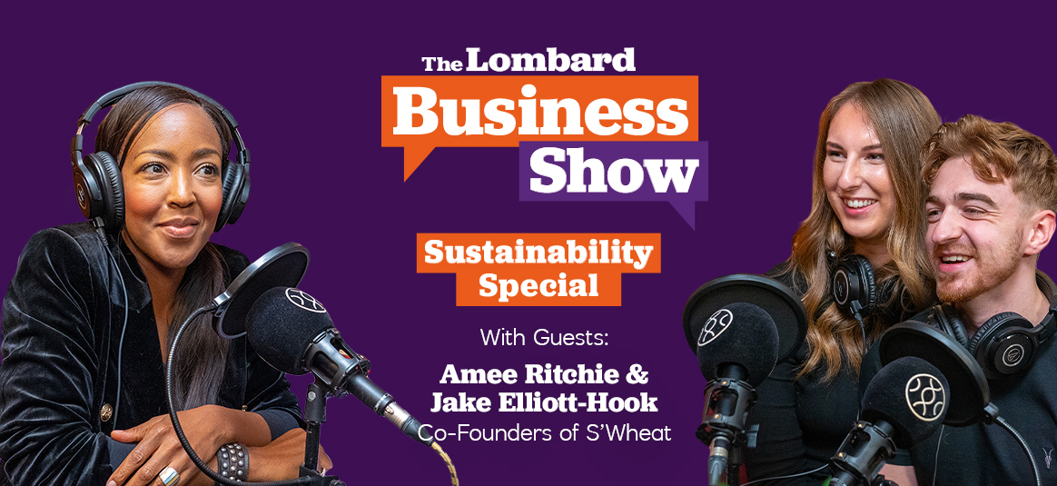 Photo of Angellica Bell with Aimee Ritchie & Jake Elliot-Hook in front of a background illustration of The Lombard Business Show 