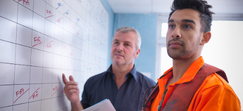Two workers making notes on a whiteboard