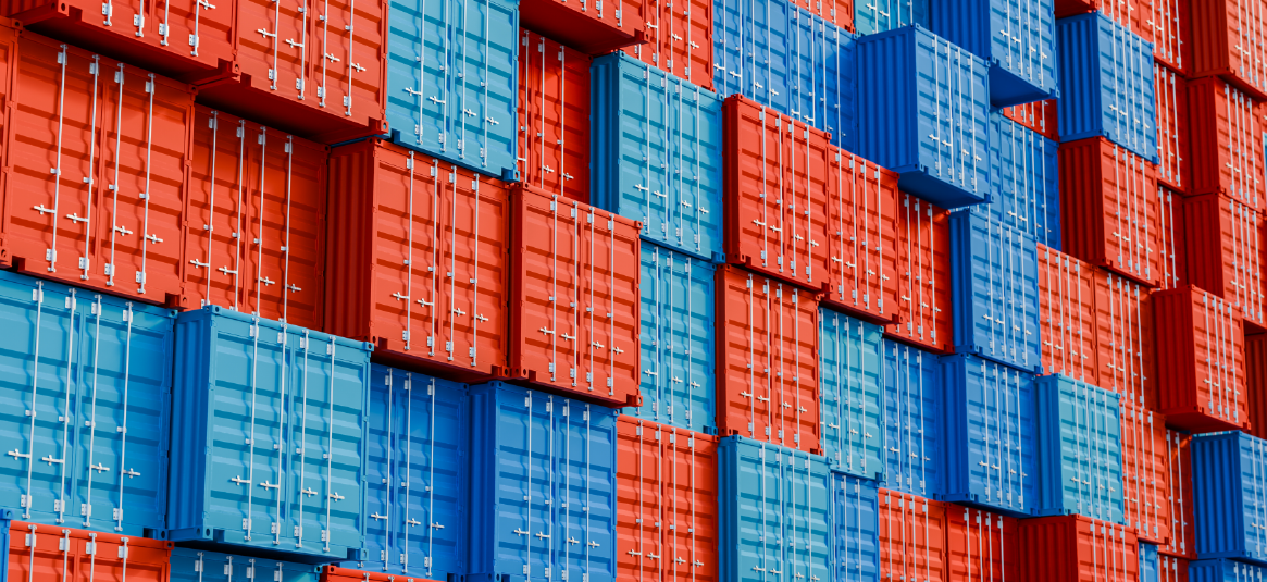 Stacked red and blue storage containers