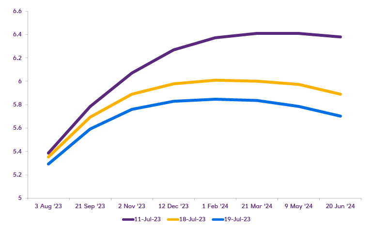Chart displaying financial markets now expect rates to peak below 6.0% (market pricing for Bank Rate)