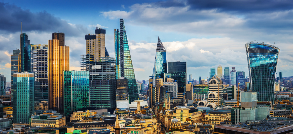 London panoramic skyline view of Bank and Canary Wharf