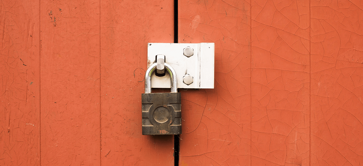 Shed doors secured by a padlock